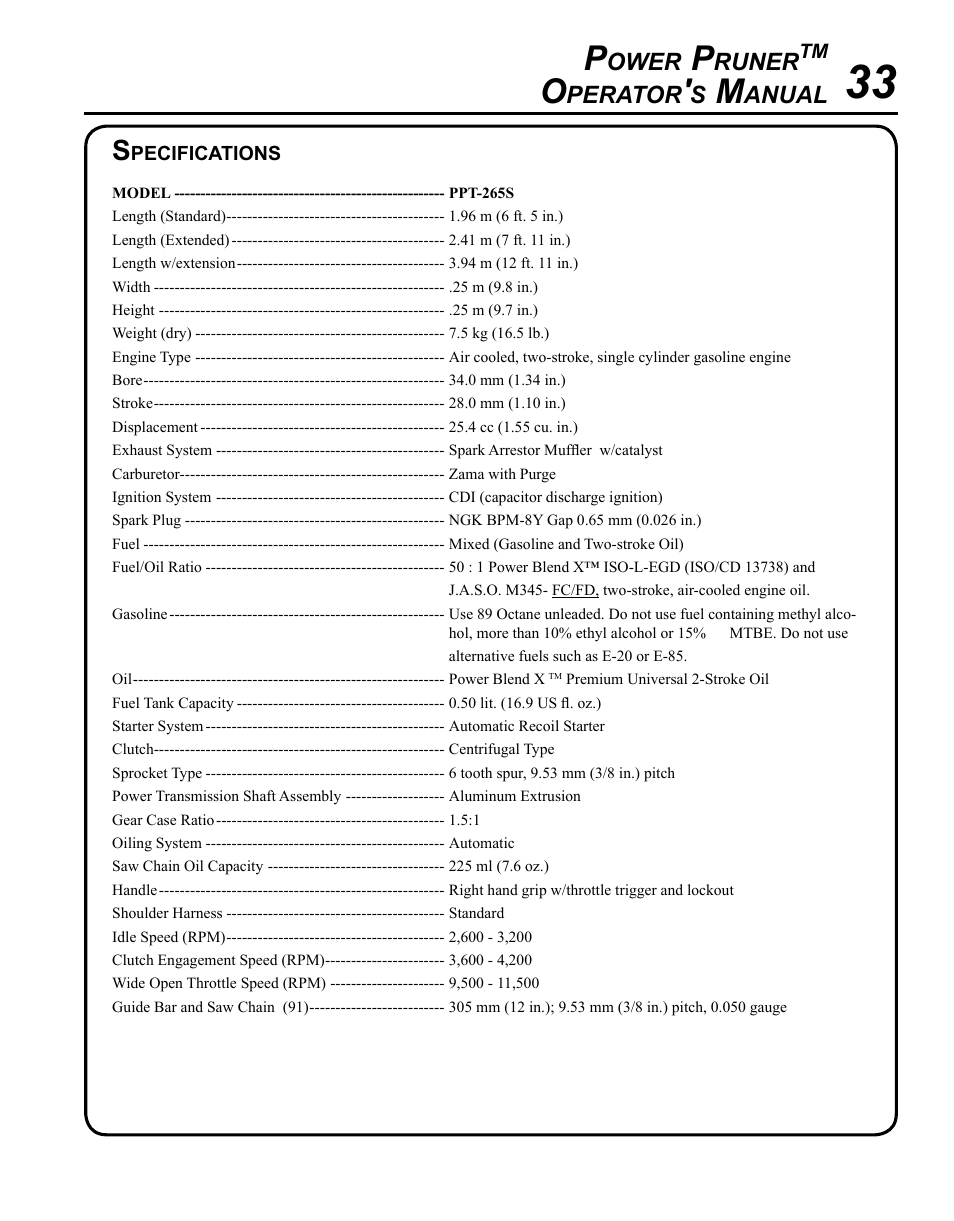 Specifications | Echo PPT-265S User Manual | Page 33 / 36