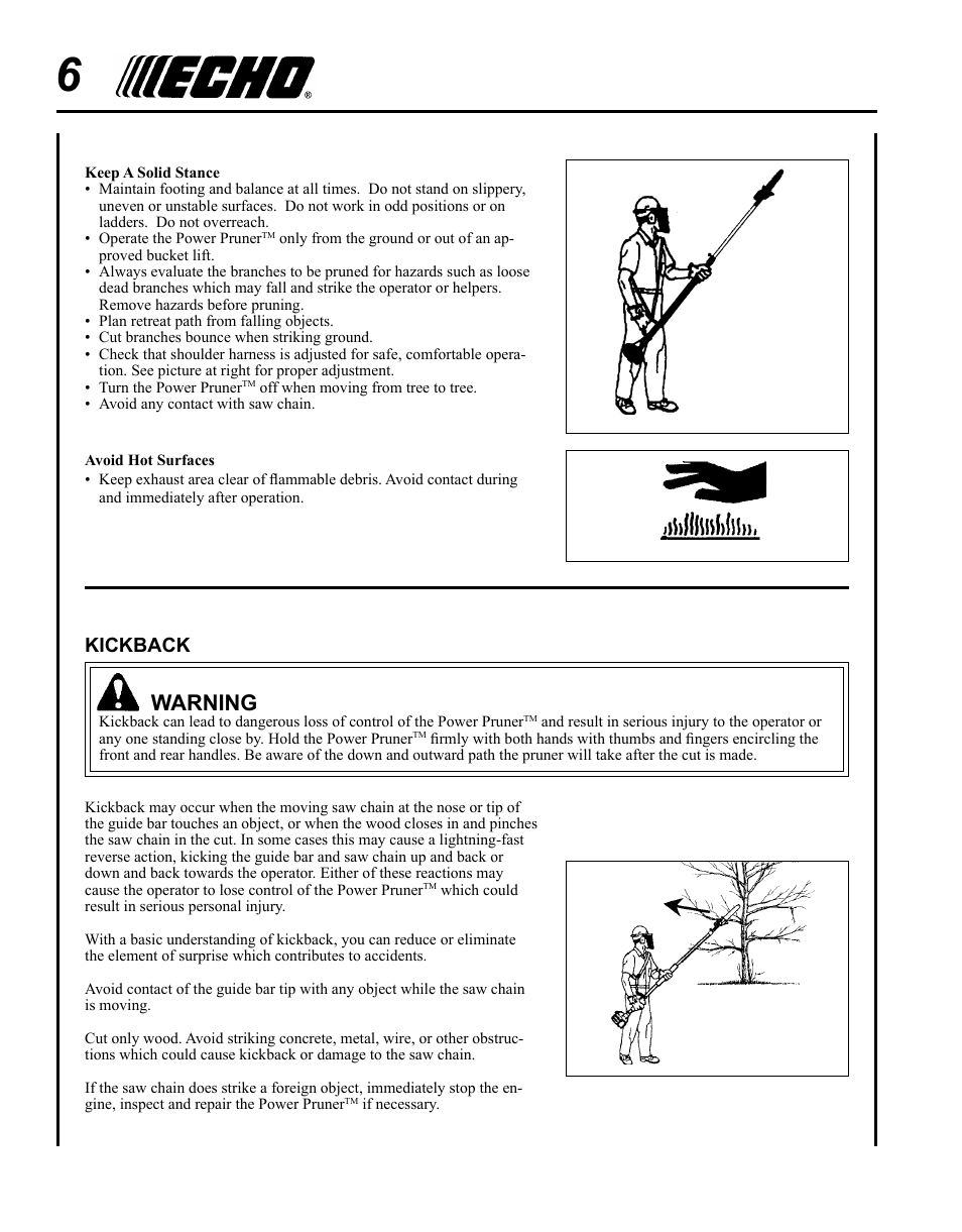 Warning, Kickback | Echo PPT-265S User Manual | Page 6 / 36