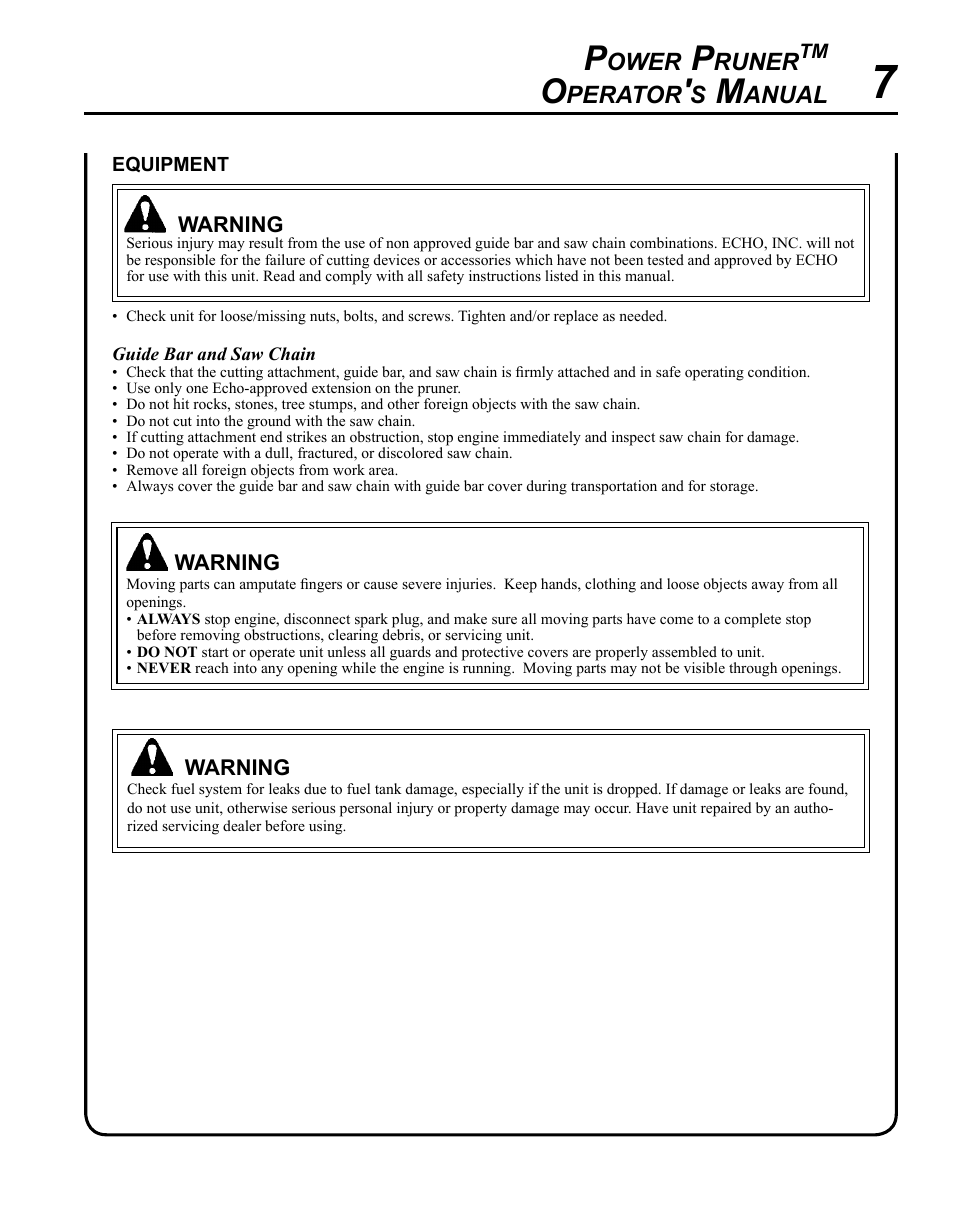 Ower, Runer, Perator | Anual | Echo PPT-265S User Manual | Page 7 / 36