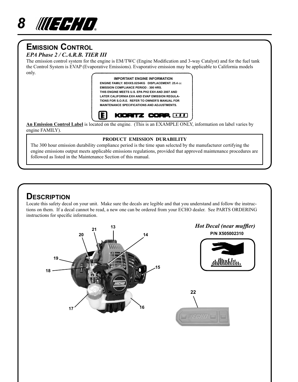 Emission control, Description | Echo PPT-265S User Manual | Page 8 / 36