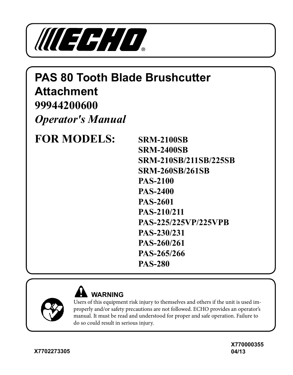 Echo PAS 80 Tooth Blade Brushcutter User Manual | 16 pages