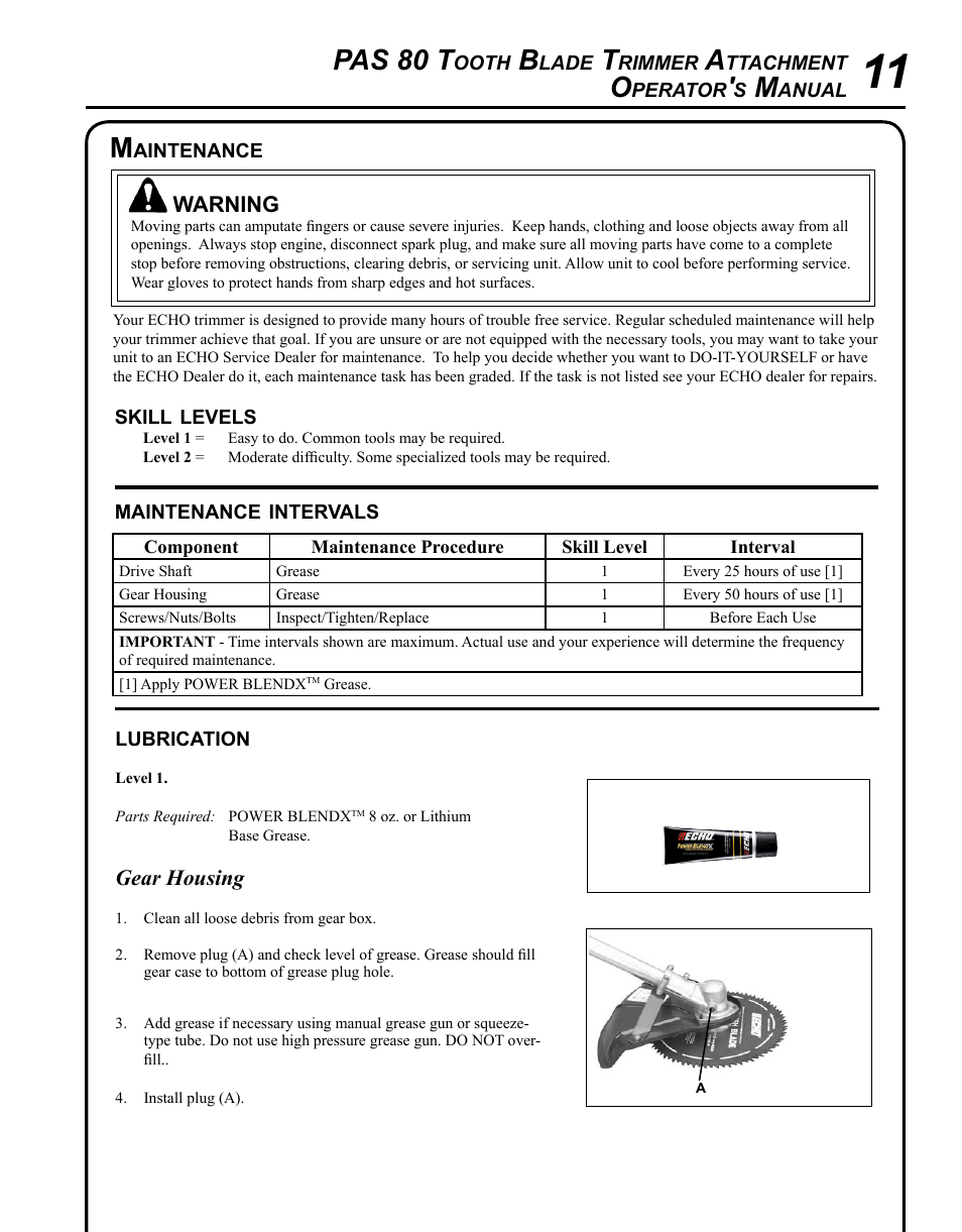Pas 80 t | Echo PAS 80 Tooth Blade Brushcutter User Manual | Page 11 / 16