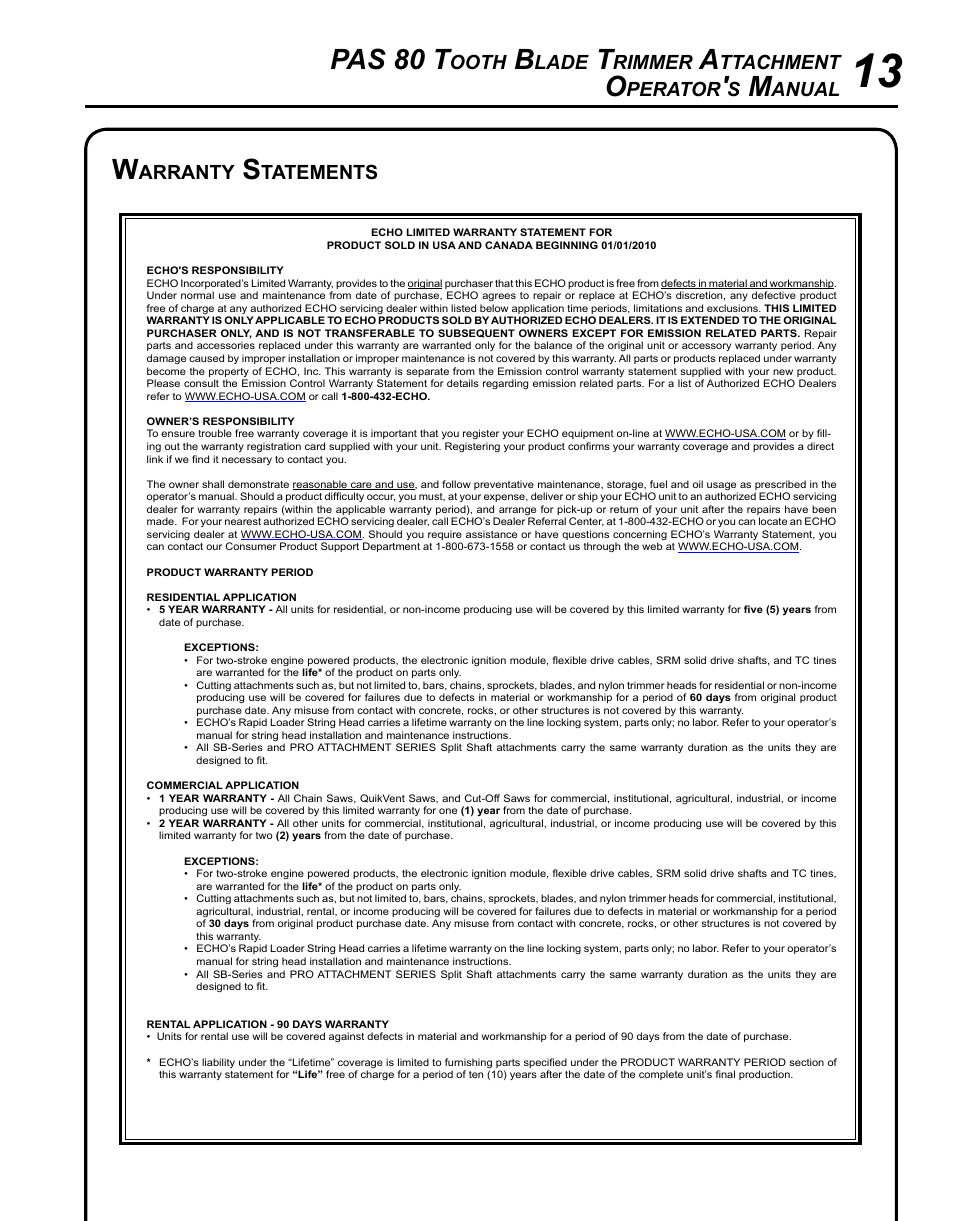 Pas 80 t, Ooth, Lade | Rimmer, Ttachment, Perator, Anual, Arranty, Tatements | Echo PAS 80 Tooth Blade Brushcutter User Manual | Page 13 / 16