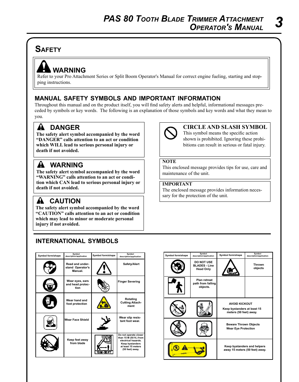 Pas 80 t, Warning, Caution | Danger, Ooth, Lade, Rimmer, Ttachment, Perator, Anual | Echo PAS 80 Tooth Blade Brushcutter User Manual | Page 3 / 16