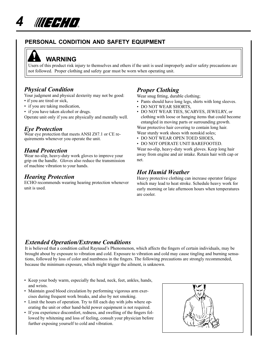 Physical condition, Eye protection, Hand protection | Hearing protection, Proper clothing, Hot humid weather, Warning, Extended operation/extreme conditions | Echo PAS 80 Tooth Blade Brushcutter User Manual | Page 4 / 16