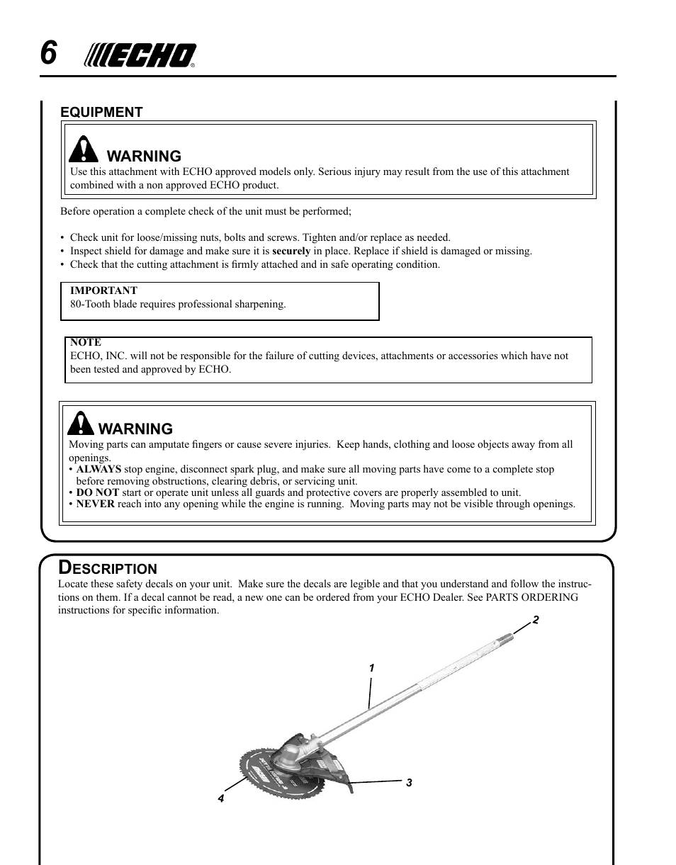 Warning | Echo PAS 80 Tooth Blade Brushcutter User Manual | Page 6 / 16