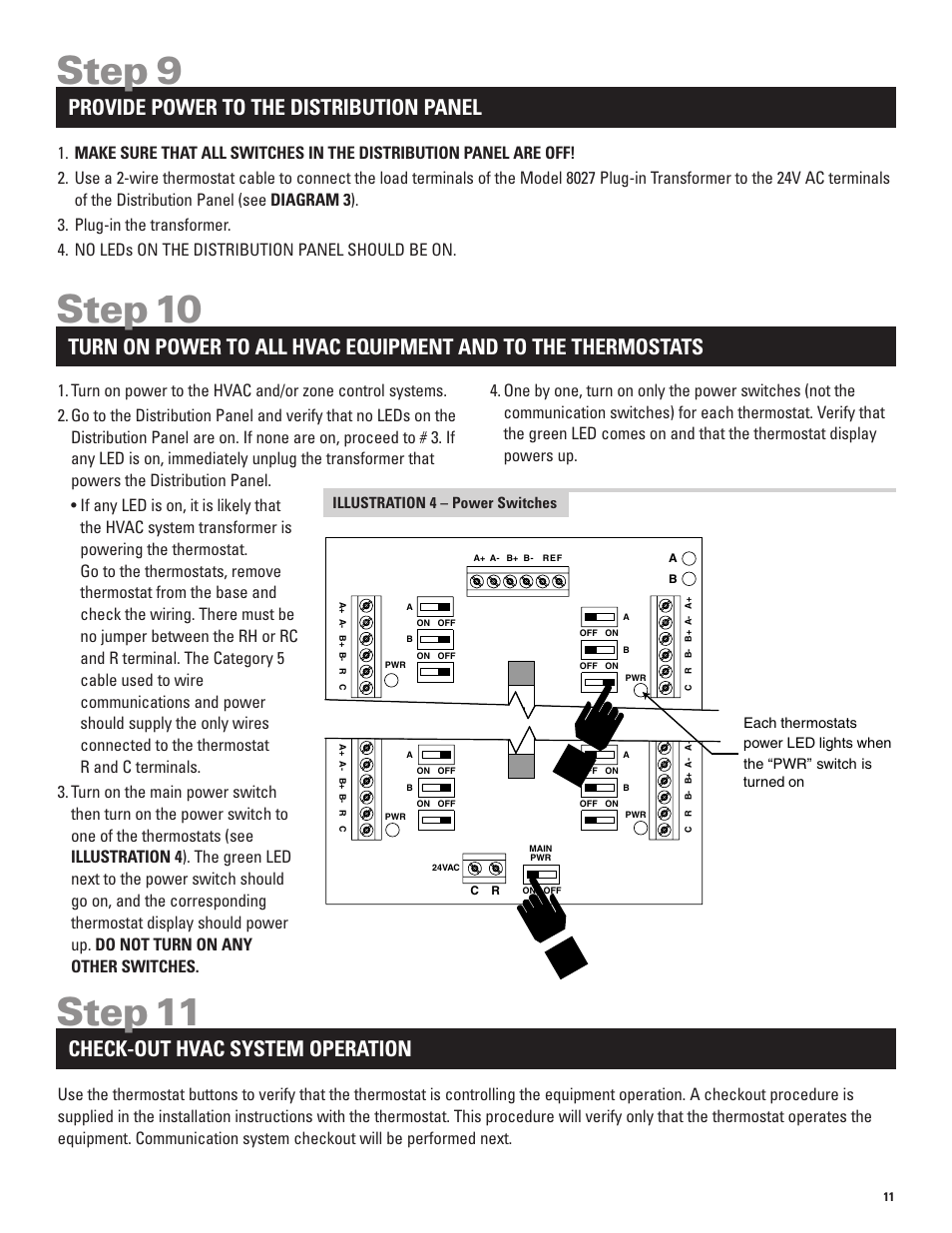 Step 9, Step 11, Step 10 | Provide power to the distribution panel, Check-out hvac system operation | Echo 8870 User Manual | Page 13 / 24