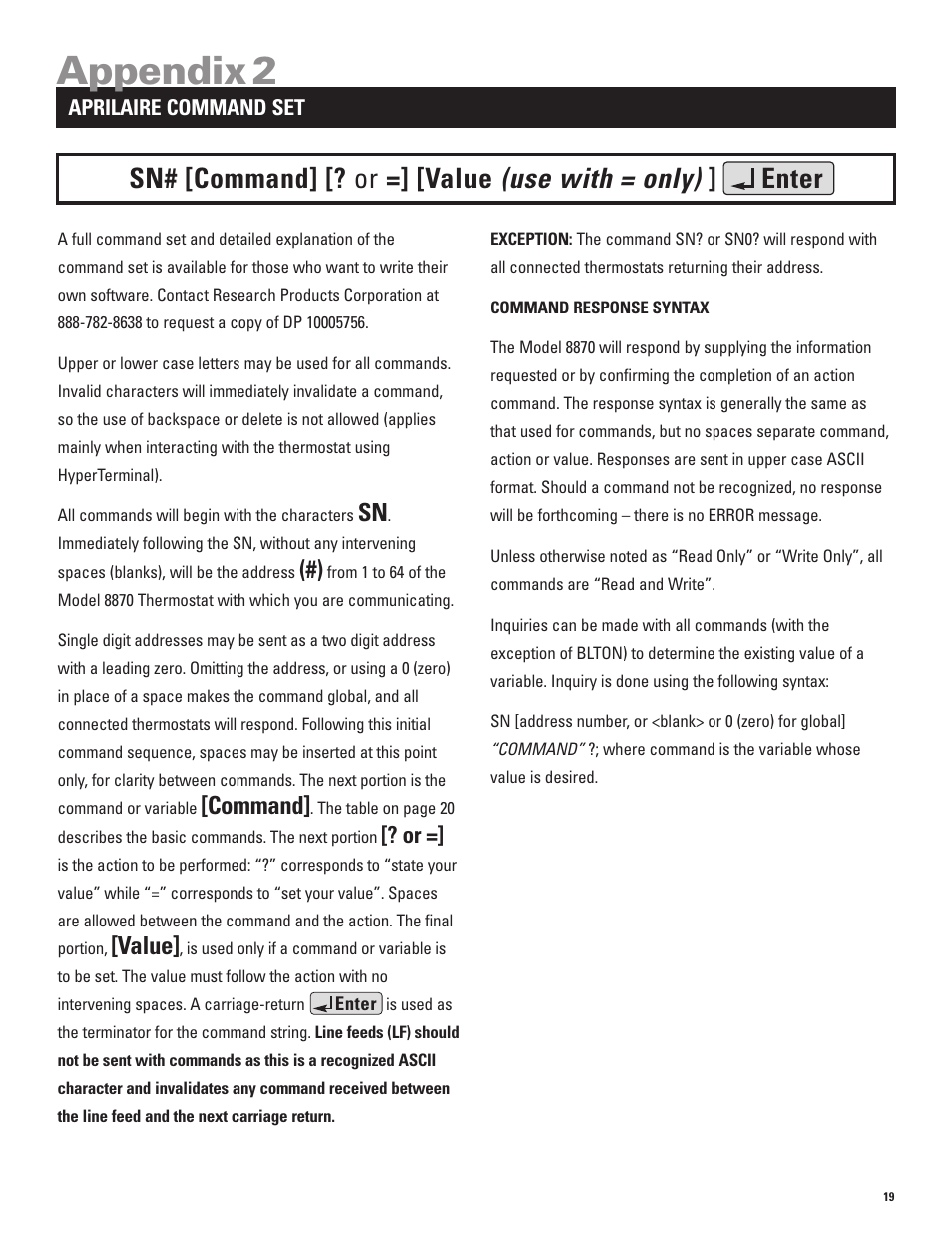 Appendix 2, Command, Value | Echo 8870 User Manual | Page 21 / 24