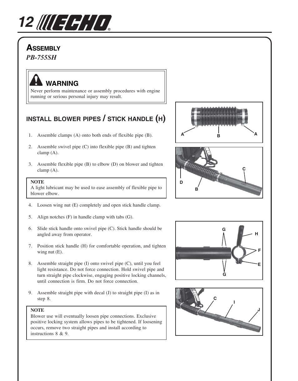 Assembly, Install blower pipes / stick handle (h) | Echo PB-755S H User Manual | Page 12 / 28