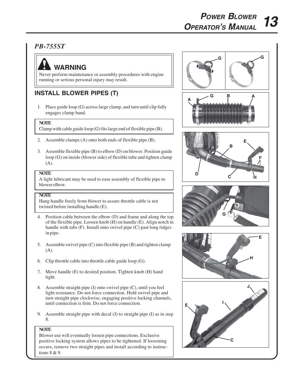 Install blower pipes (t) | Echo PB-755S H User Manual | Page 13 / 28