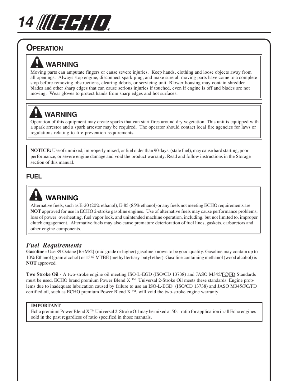 Operation, Fuel | Echo PB-755S H User Manual | Page 14 / 28