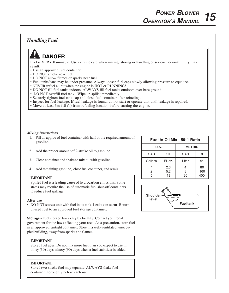 Handling fuel danger, Ower, Lower | Perator, Anual | Echo PB-755S H User Manual | Page 15 / 28