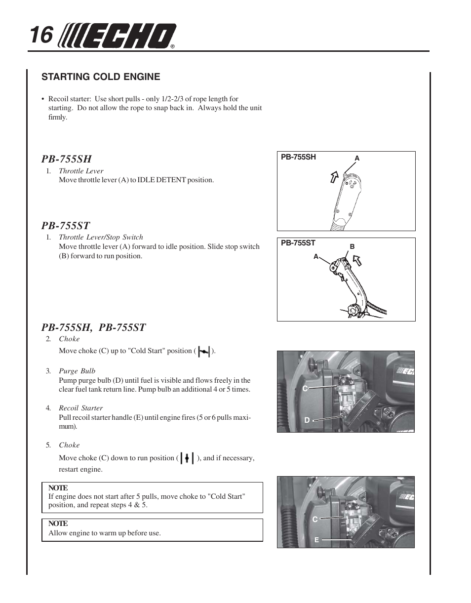 Starting cold engine, Pb-755sh, Pb-755st | Echo PB-755S H User Manual | Page 16 / 28