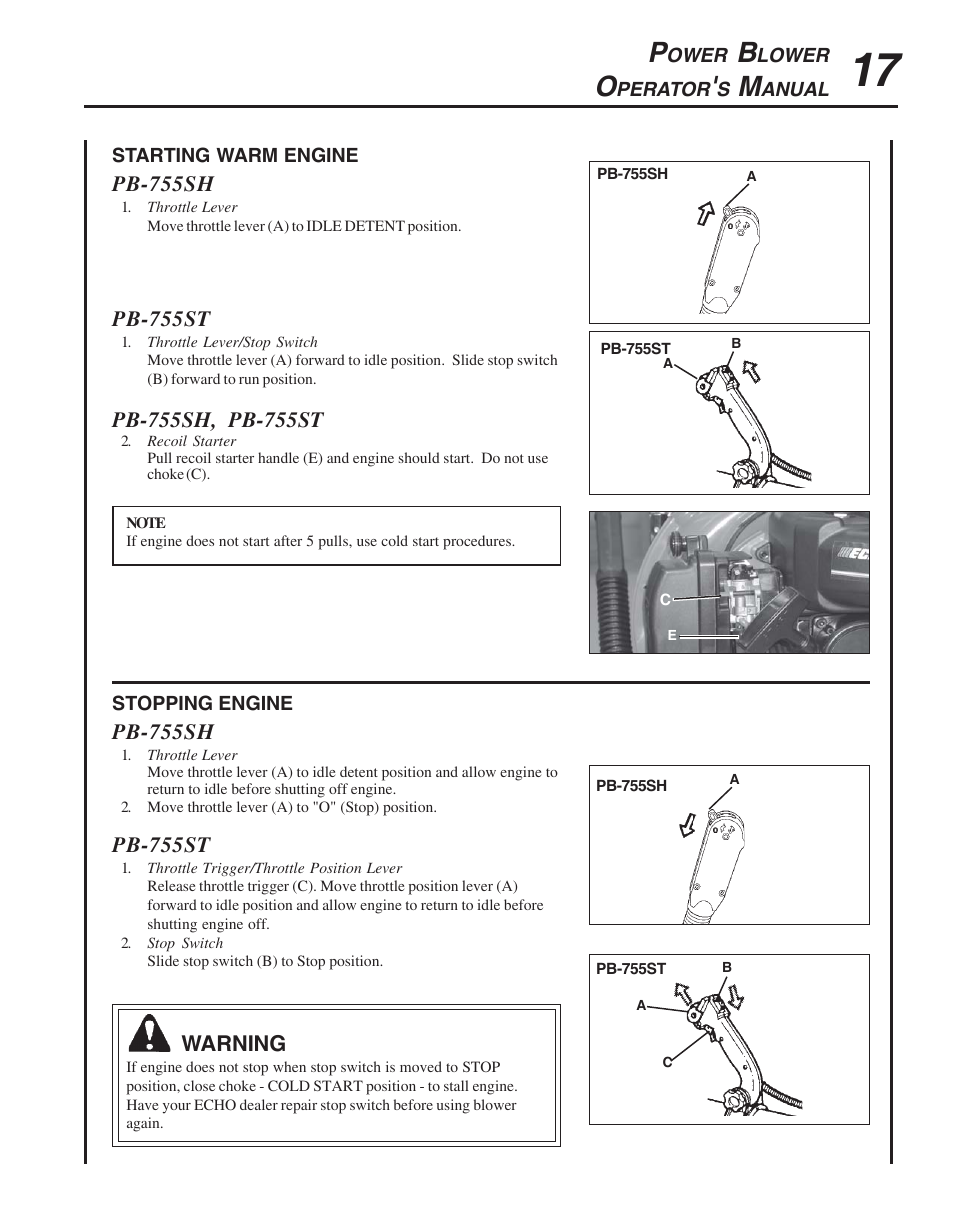 Starting warm engine, Stopping engine | Echo PB-755S H User Manual | Page 17 / 28