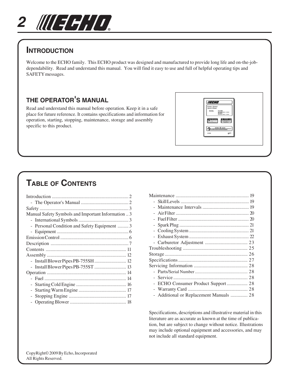 Echo PB-755S H User Manual | Page 2 / 28
