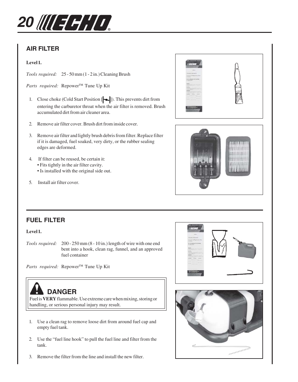 Air filter, Fuel filter, Danger | Echo PB-755S H User Manual | Page 20 / 28