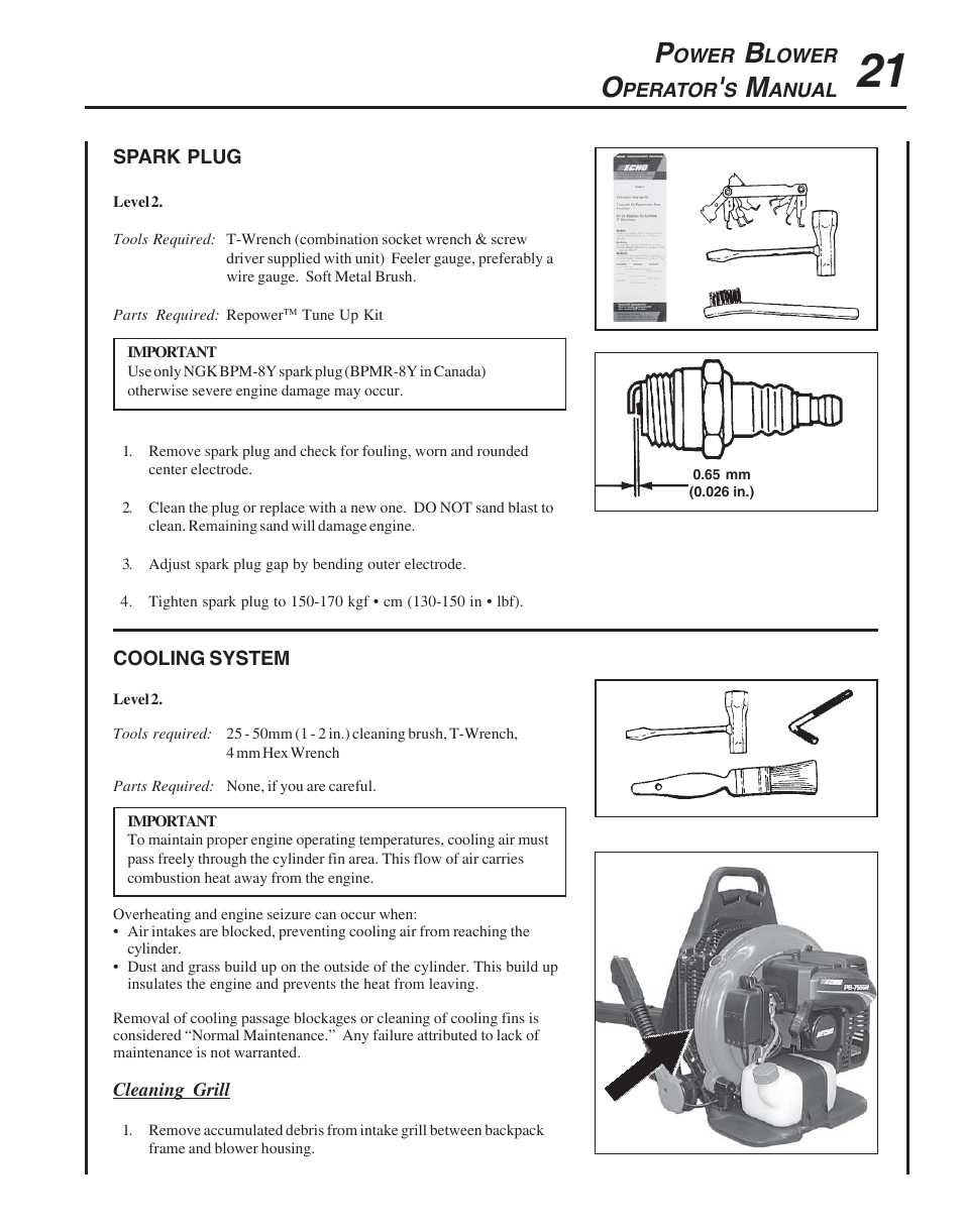 Spark plug, Cooling system | Echo PB-755S H User Manual | Page 21 / 28