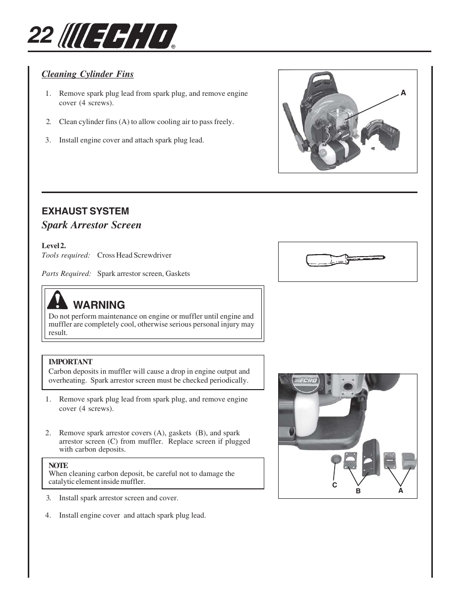 Exhaust system, Spark arrestor screen, Warning | Echo PB-755S H User Manual | Page 22 / 28