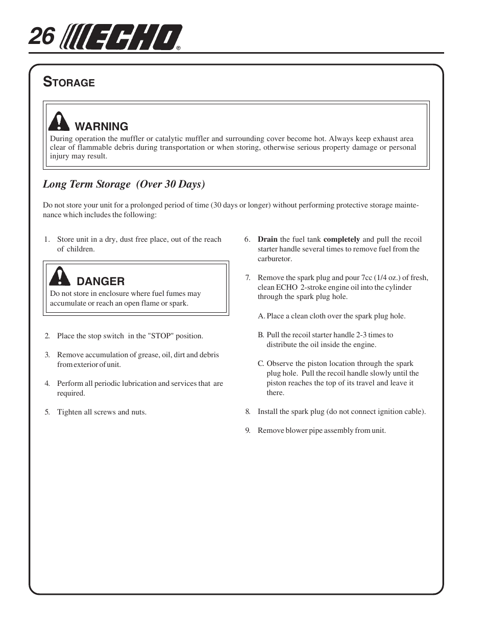 Storage, Danger, Warning | Long term storage (over 30 days) | Echo PB-755S H User Manual | Page 26 / 28