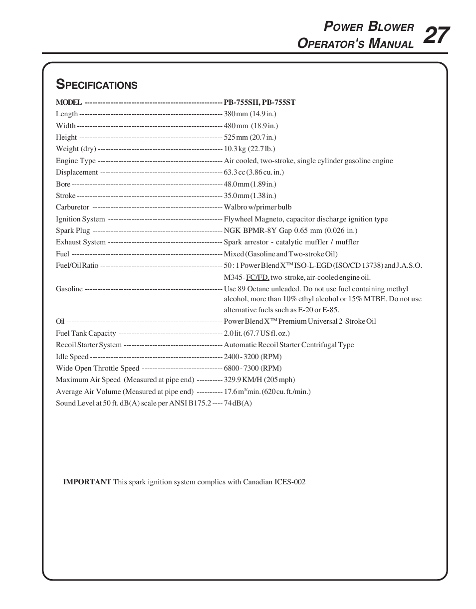 Specifications | Echo PB-755S H User Manual | Page 27 / 28