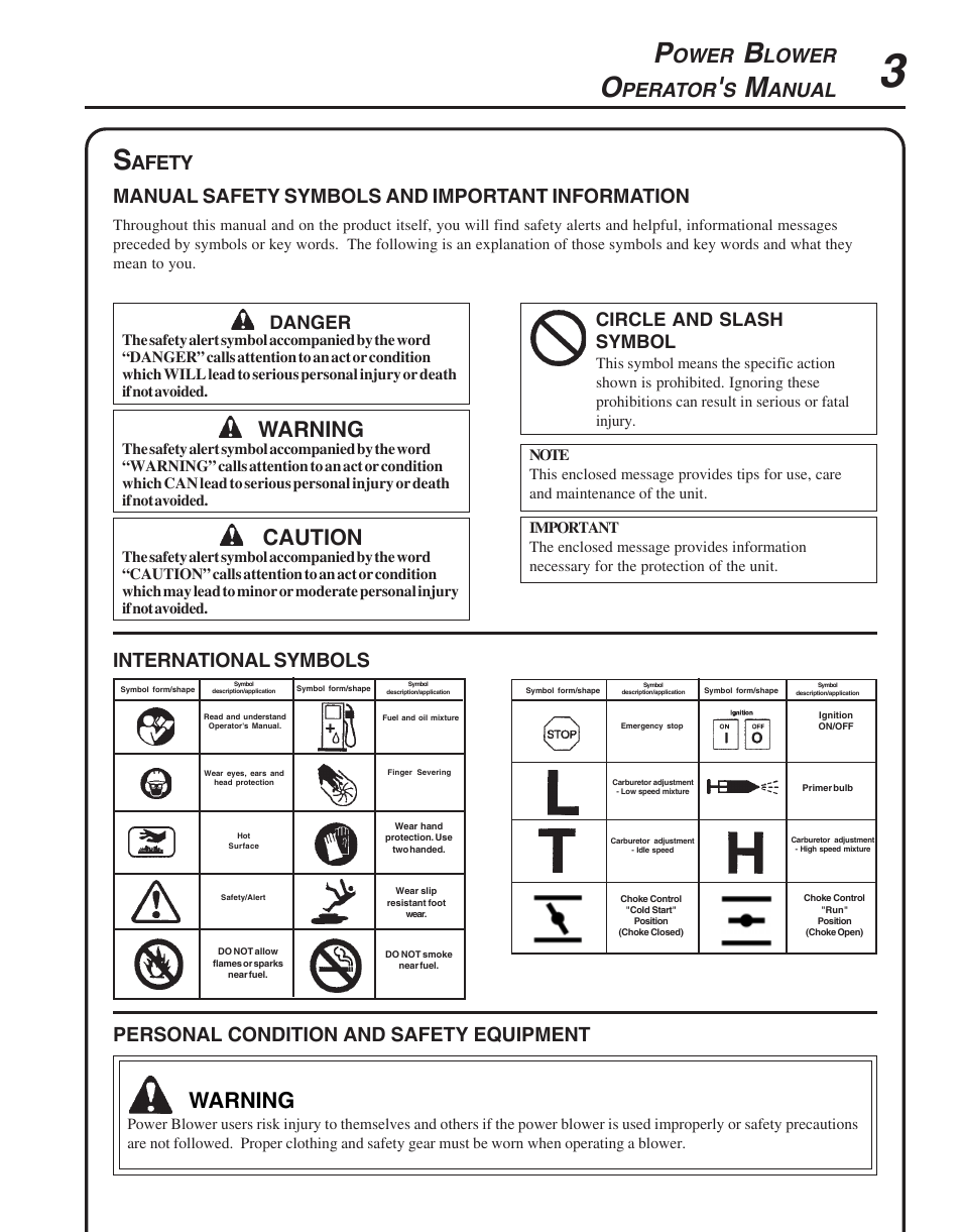 Safety, Warning, Caution | Ower, Lower, Perator, Anual, Afety manual, Symbols, Important | Echo PB-755S H User Manual | Page 3 / 28