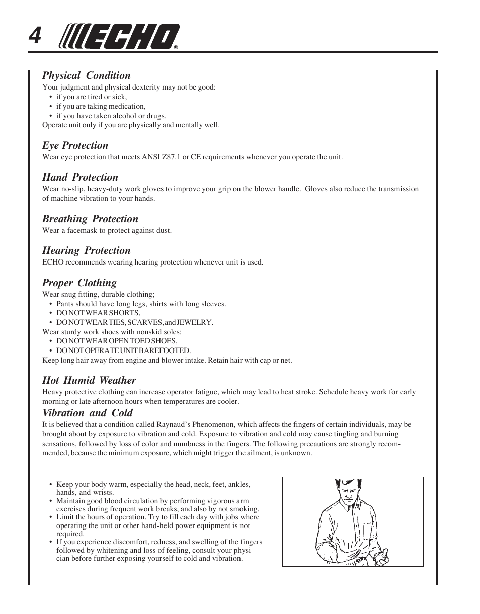 Physical condition, Eye protection, Hand protection | Breathing protection, Hearing protection, Proper clothing, Hot humid weather, Vibration and cold | Echo PB-755S H User Manual | Page 4 / 28