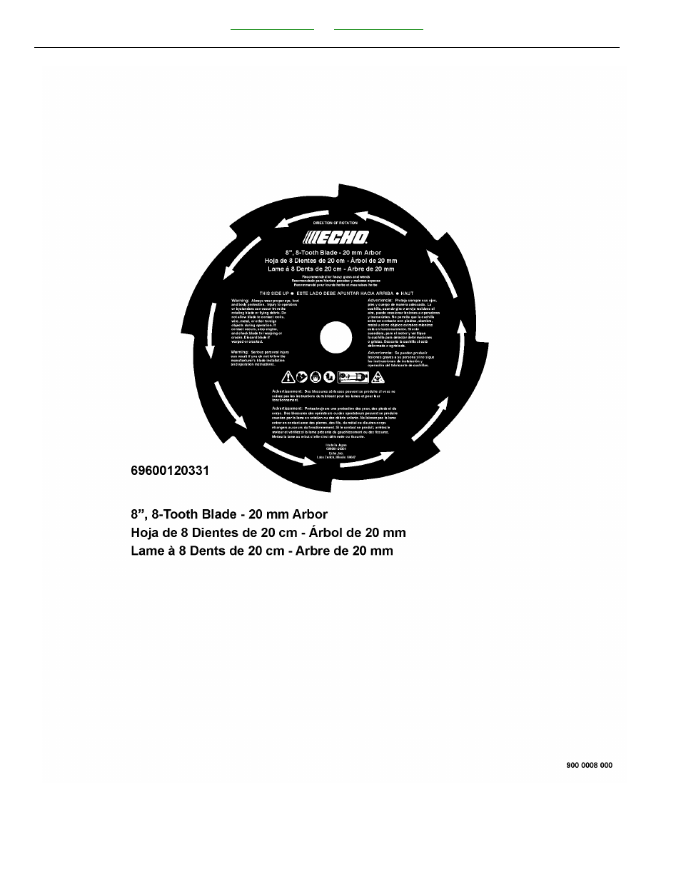 8 tooth blade - 20mm arbor | Echo SRM-225U User Manual | Page 30 / 62