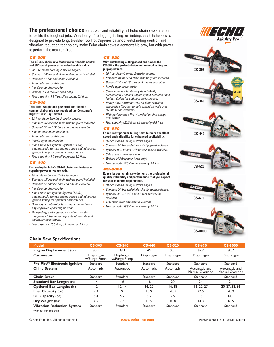 The professional choice | Echo CS-360T  EN User Manual | Page 2 / 2