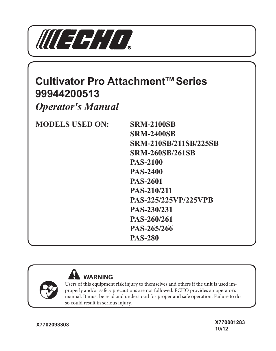 Echo CULTIVATOR PRO ATTACHMENT 99944200513 User Manual | 16 pages