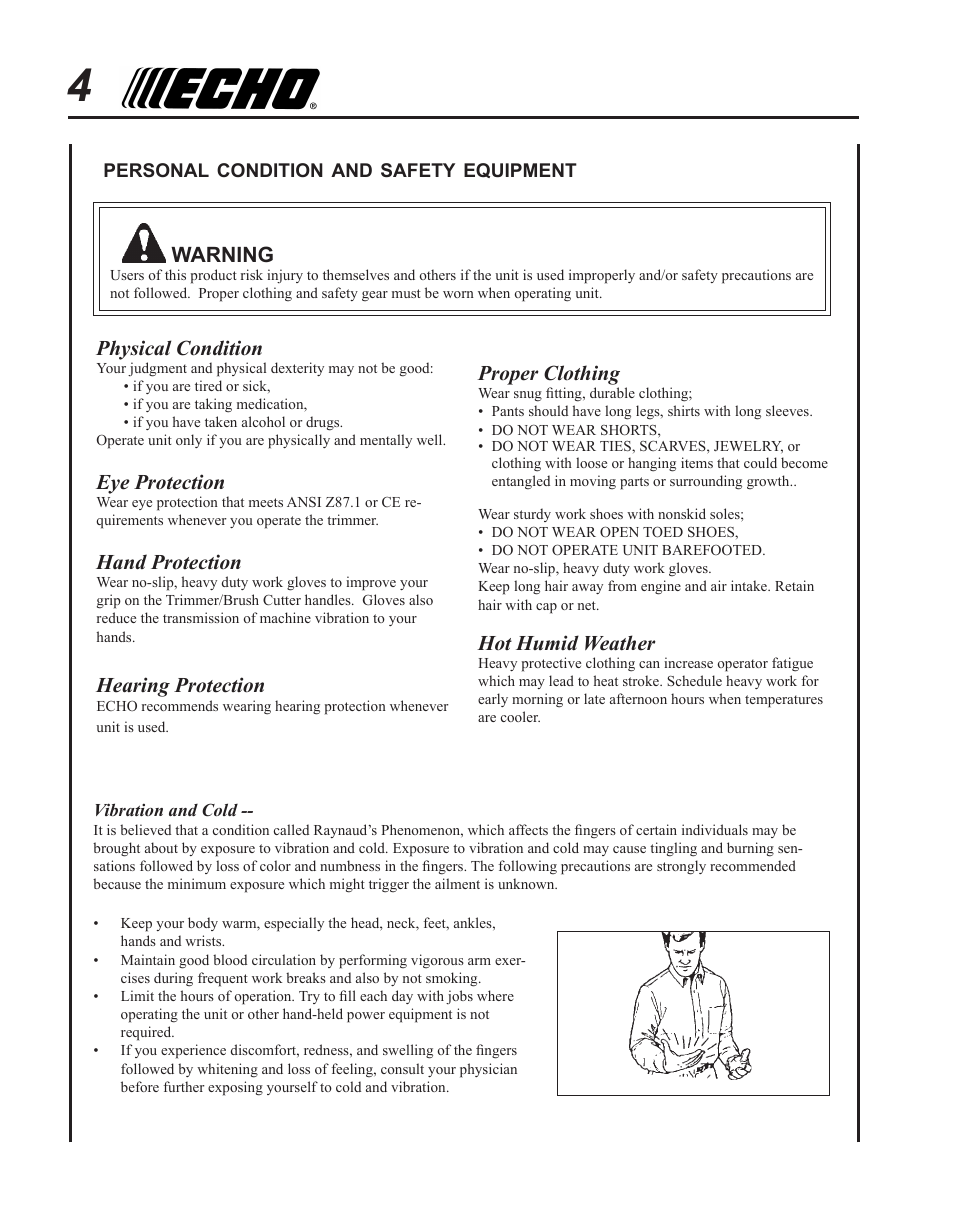 Physical condition, Eye protection, Hand protection | Hearing protection, Proper clothing, Hot humid weather, Warning | Echo CULTIVATOR PRO ATTACHMENT 99944200513 User Manual | Page 4 / 16