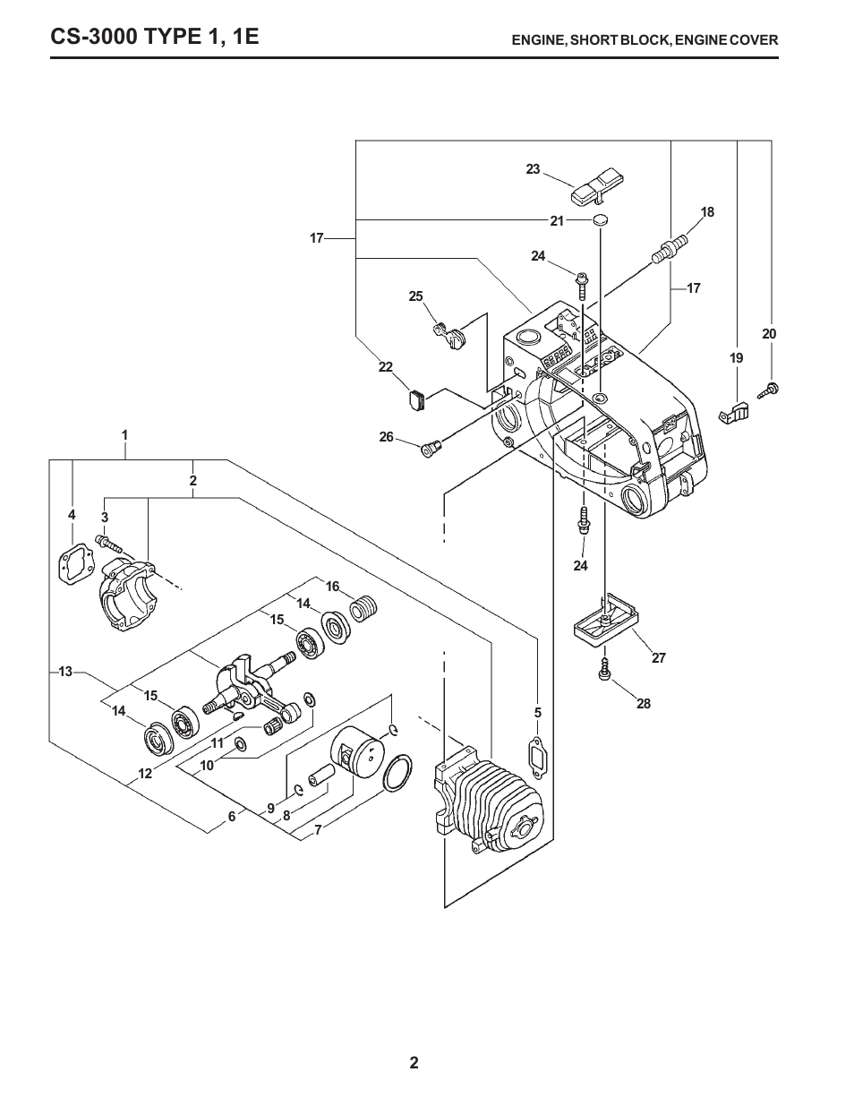 Engine, short block, engine cover | Echo CS-3000 Type 1E User Manual | Page 2 / 23