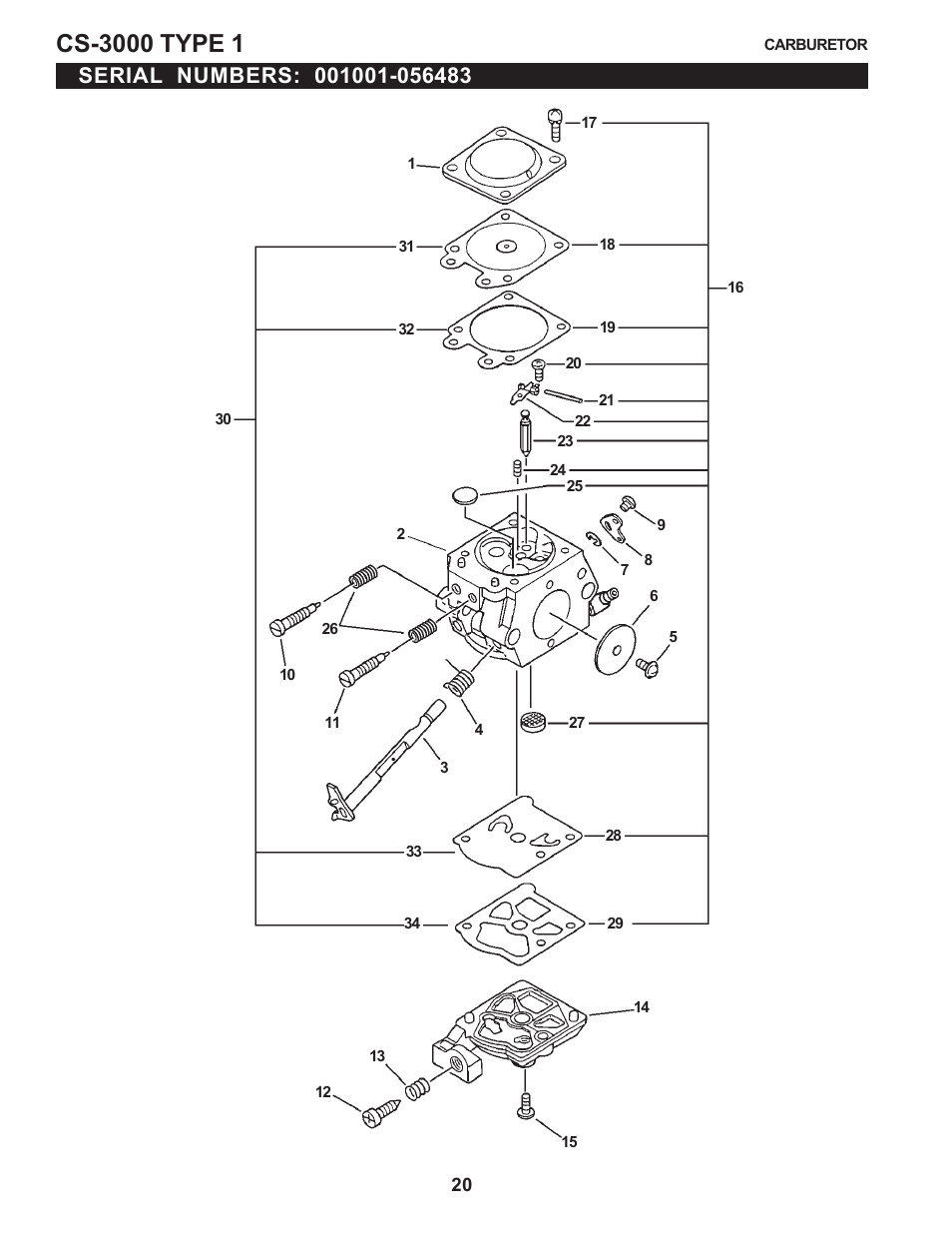 Carburetor - serial numbers: 001001-056483 | Echo CS-3000 Type 1E User Manual | Page 20 / 23