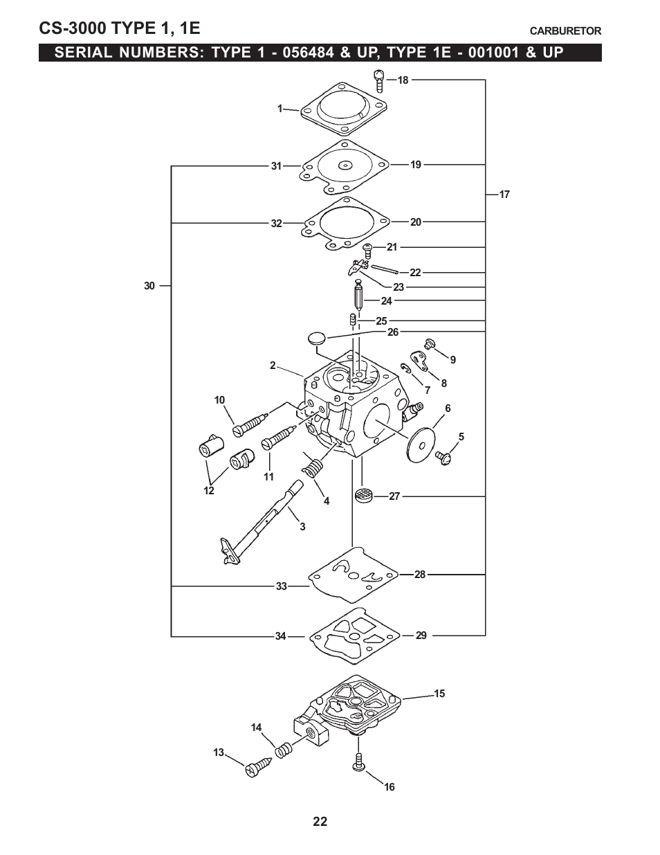 Carburetor - serial numbers: 056484 & up, Carburetor | Echo CS-3000 Type 1E User Manual | Page 22 / 23