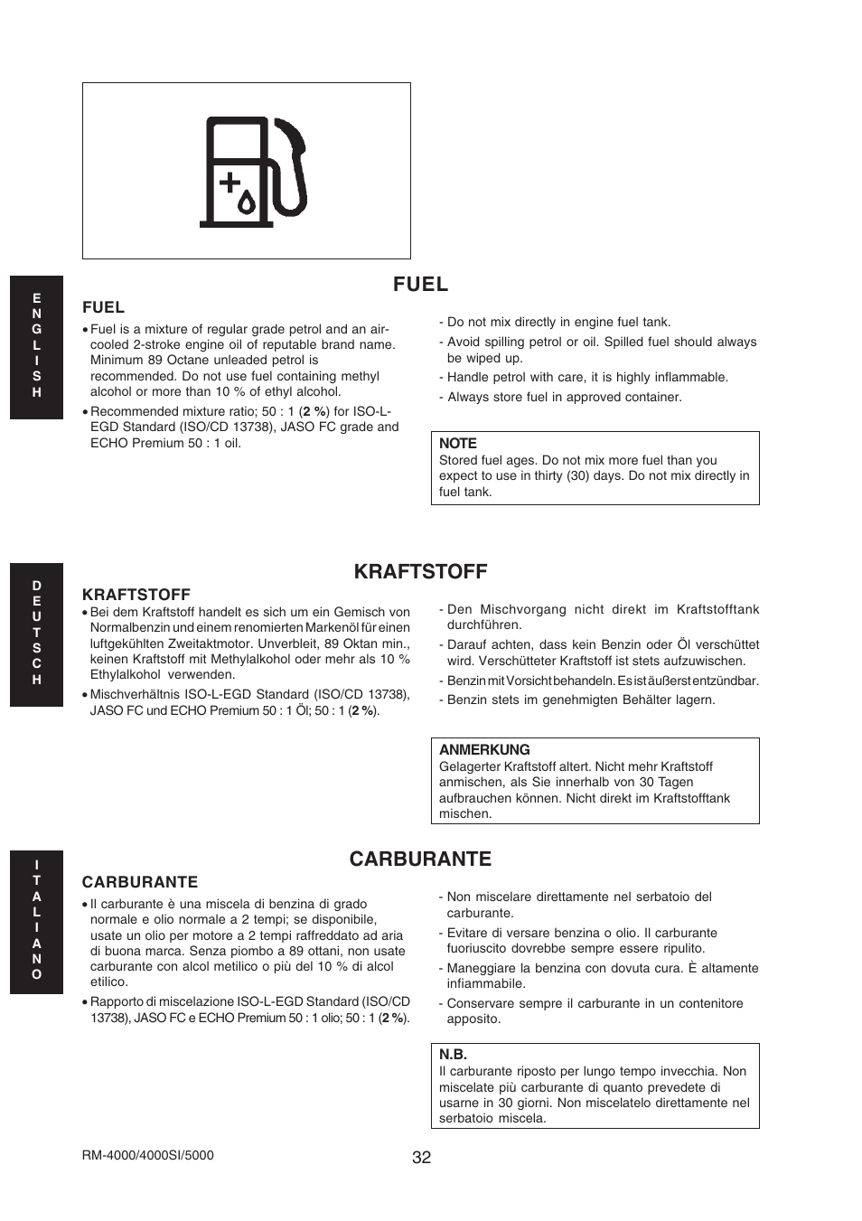 Kraftstoff carburante fuel | Echo RM-4000SI User Manual | Page 32 / 68