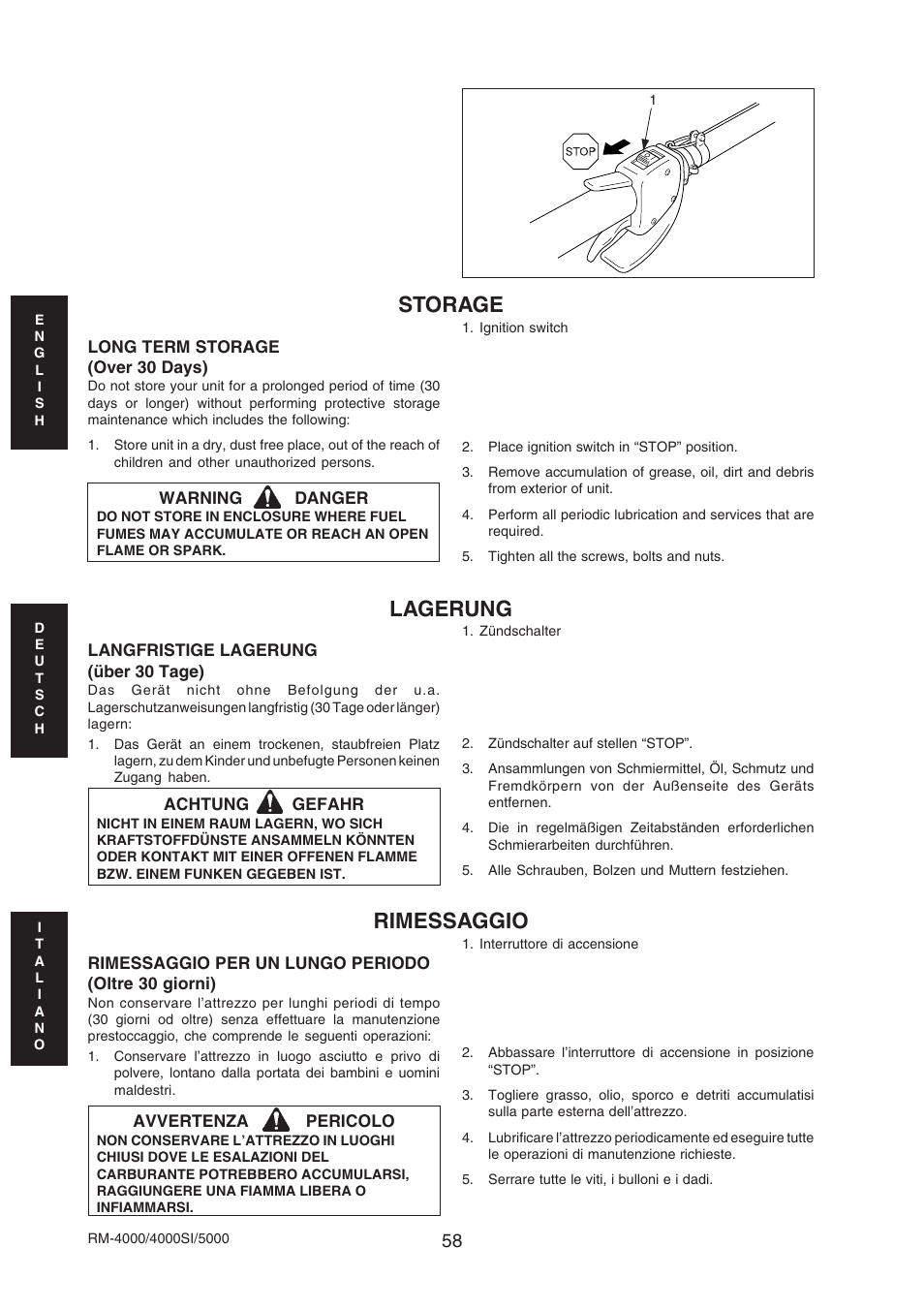 Storage, Rimessaggio, Lagerung | Echo RM-4000SI User Manual | Page 58 / 68