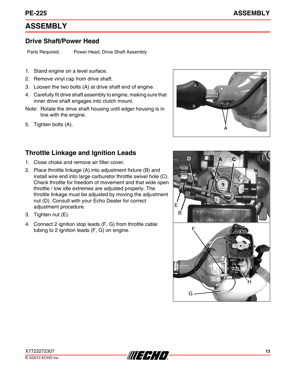 Assembly, Drive shaft/power head, Throttle linkage and ignition leads | Pe-225 assembly | Echo PE-225 User Manual | Page 13 / 36