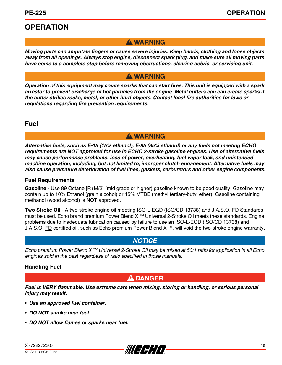 Operation, Fuel, Fuel requirements | Handling fuel, Pe-225 operation | Echo PE-225 User Manual | Page 15 / 36
