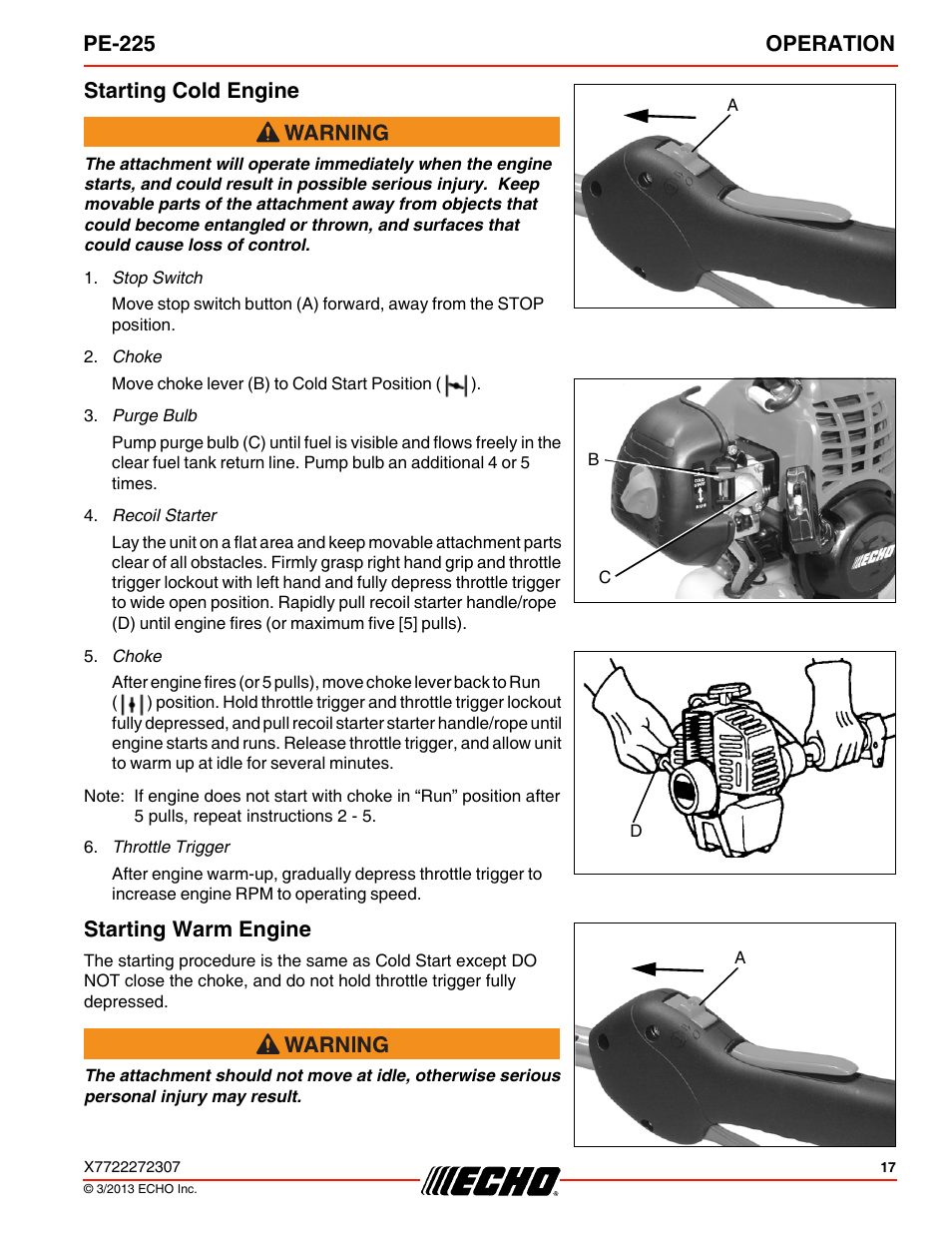 Starting cold engine, Starting warm engine, Pe-225 operation | Echo PE-225 User Manual | Page 17 / 36