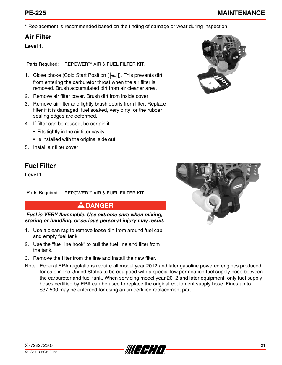 Air filter, Fuel filter, Pe-225 maintenance | Echo PE-225 User Manual | Page 21 / 36
