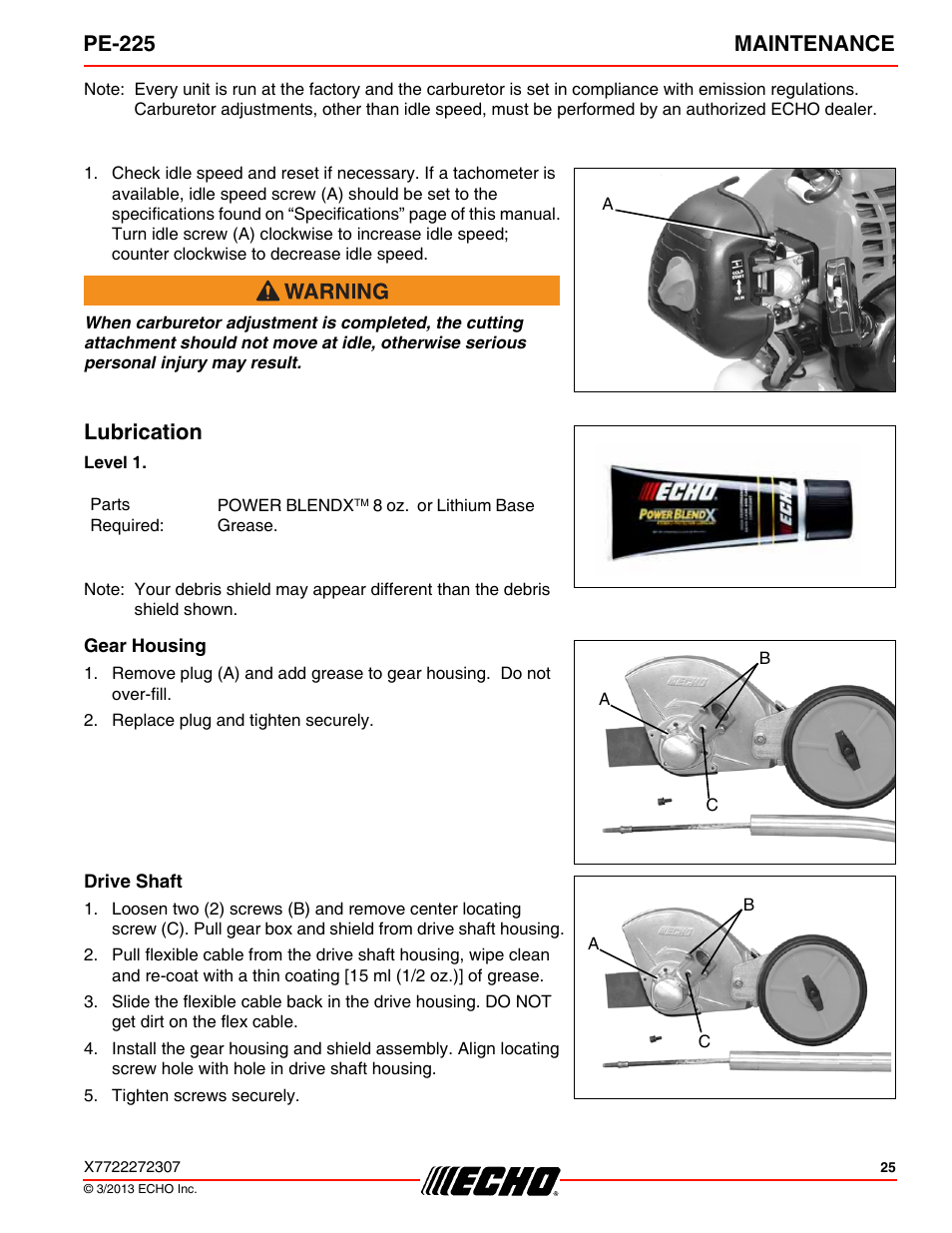 Lubrication, Gear housing, Drive shaft | Pe-225 maintenance | Echo PE-225 User Manual | Page 25 / 36