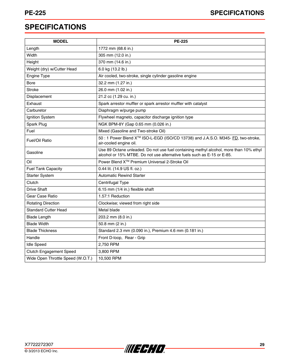 Specifications, Pe-225 specifications | Echo PE-225 User Manual | Page 29 / 36