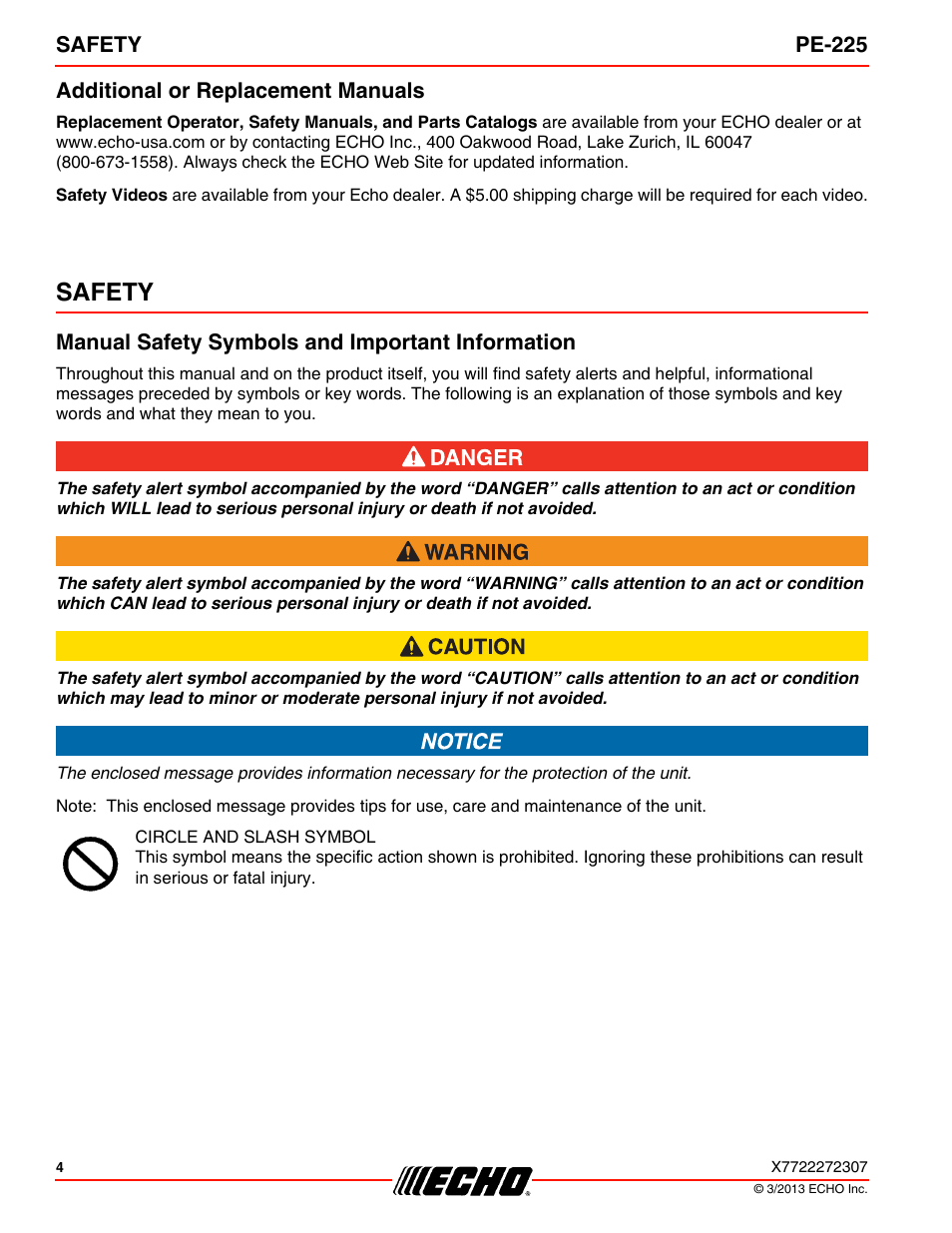 Additional or replacement manuals, Safety, Manual safety symbols and important information | Echo PE-225 User Manual | Page 4 / 36