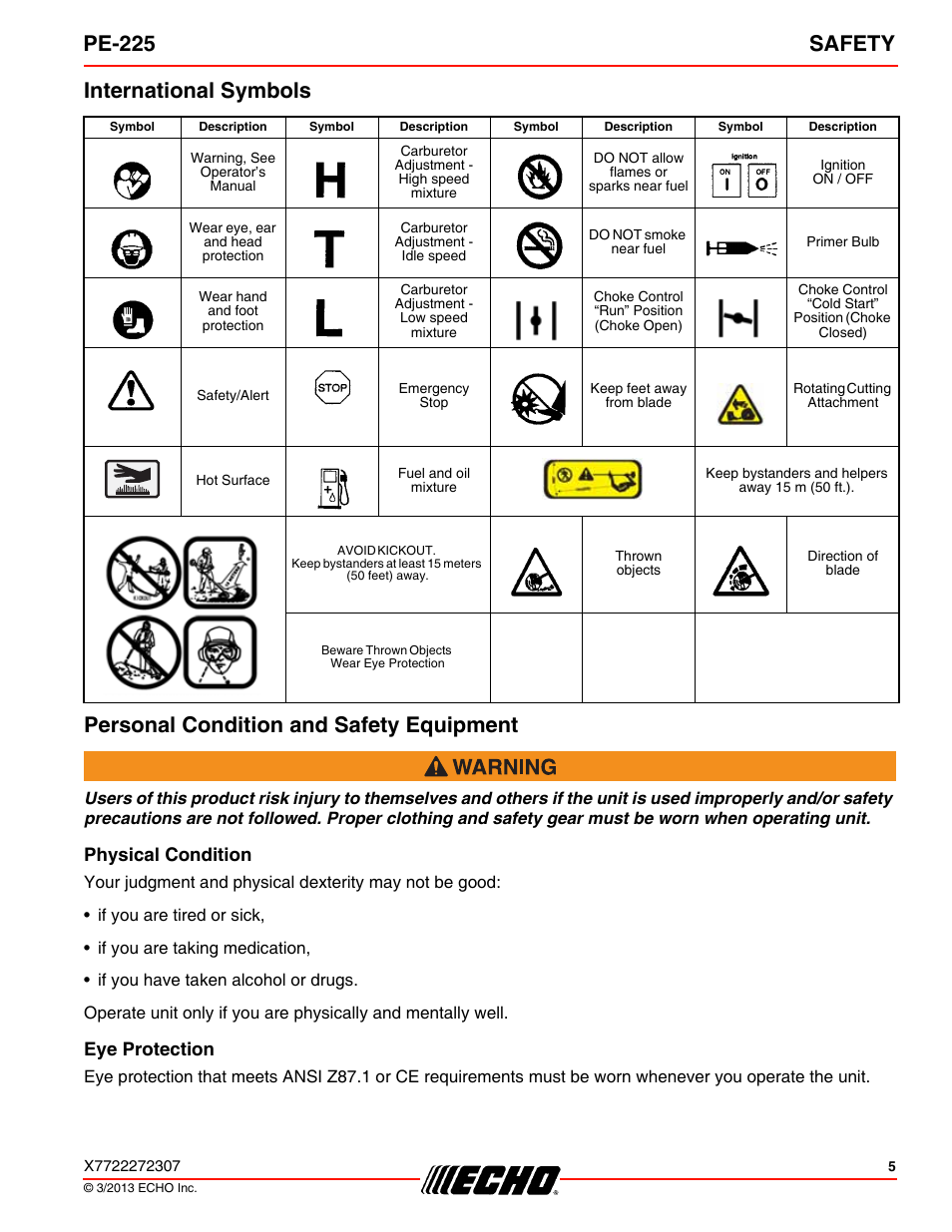 International symbols, Personal condition and safety equipment, Physical condition | Eye protection, Pe-225 safety | Echo PE-225 User Manual | Page 5 / 36