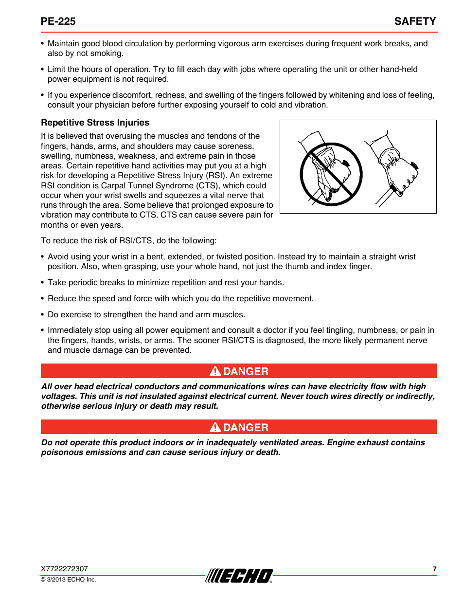 Repetitive stress injuries, Pe-225 safety | Echo PE-225 User Manual | Page 7 / 36
