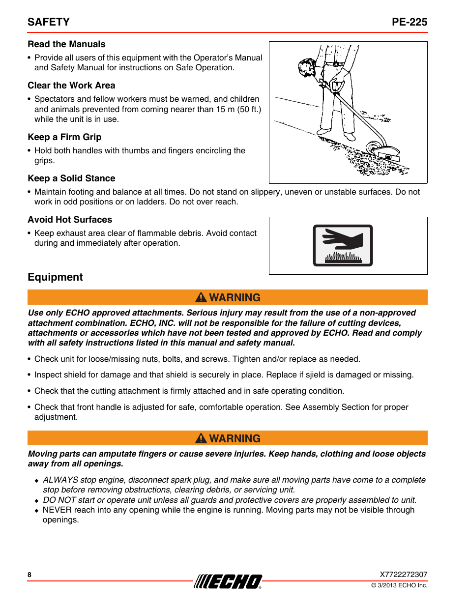 Read the manuals, Clear the work area, Keep a firm grip | Keep a solid stance, Avoid hot surfaces, Equipment, Safety pe-225 | Echo PE-225 User Manual | Page 8 / 36