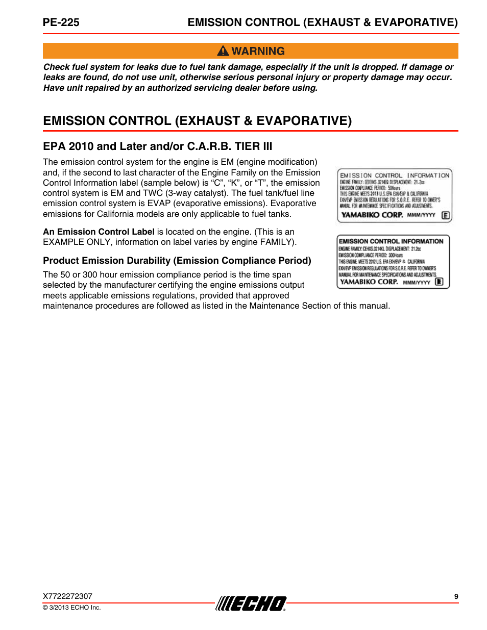 Emission control (exhaust & evaporative), Epa 2010 and later and/or c.a.r.b. tier iii | Echo PE-225 User Manual | Page 9 / 36