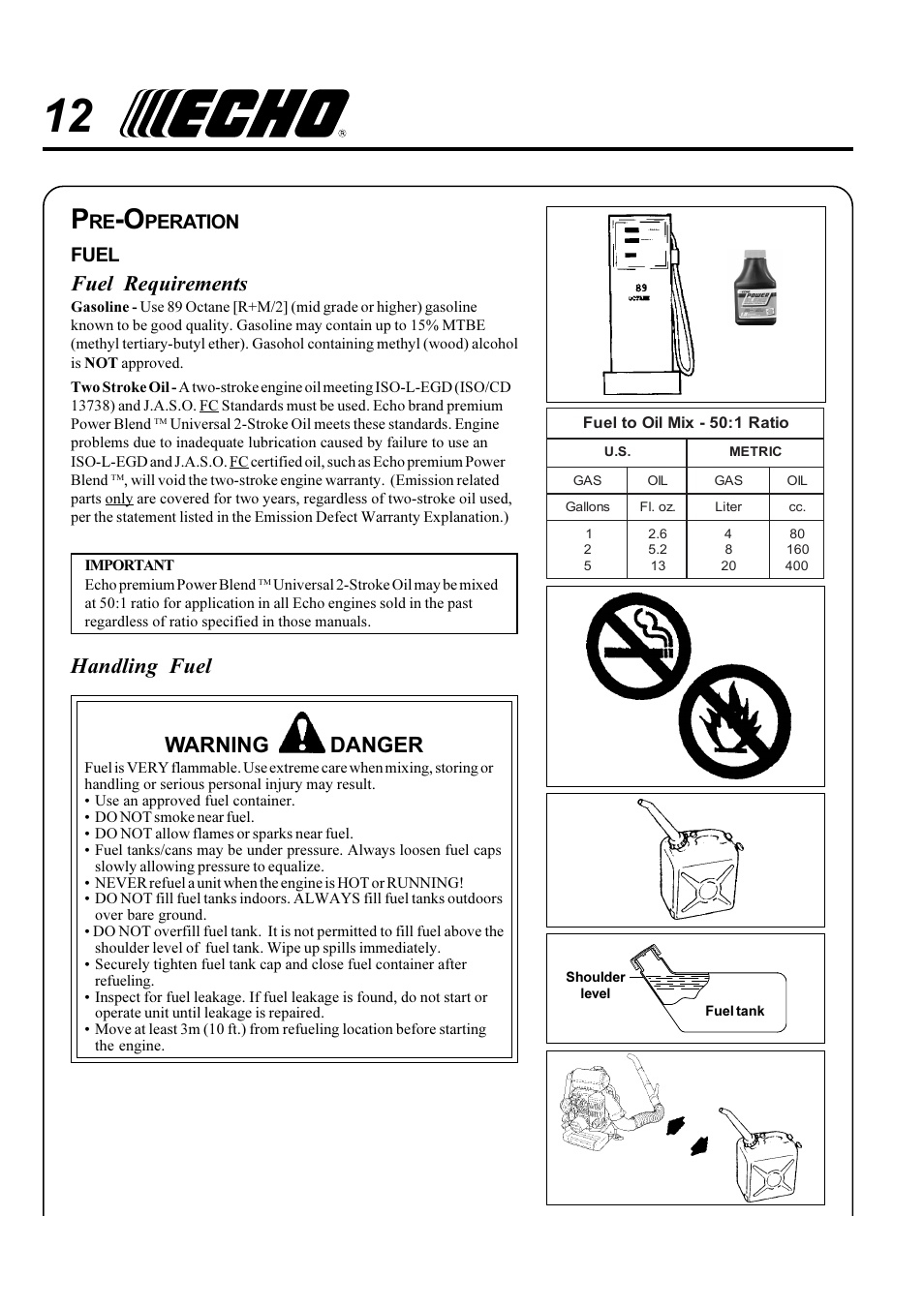 Fuel requirements, Handling fuel warning danger, Peration fuel | Echo X750-006 User Manual | Page 12 / 24