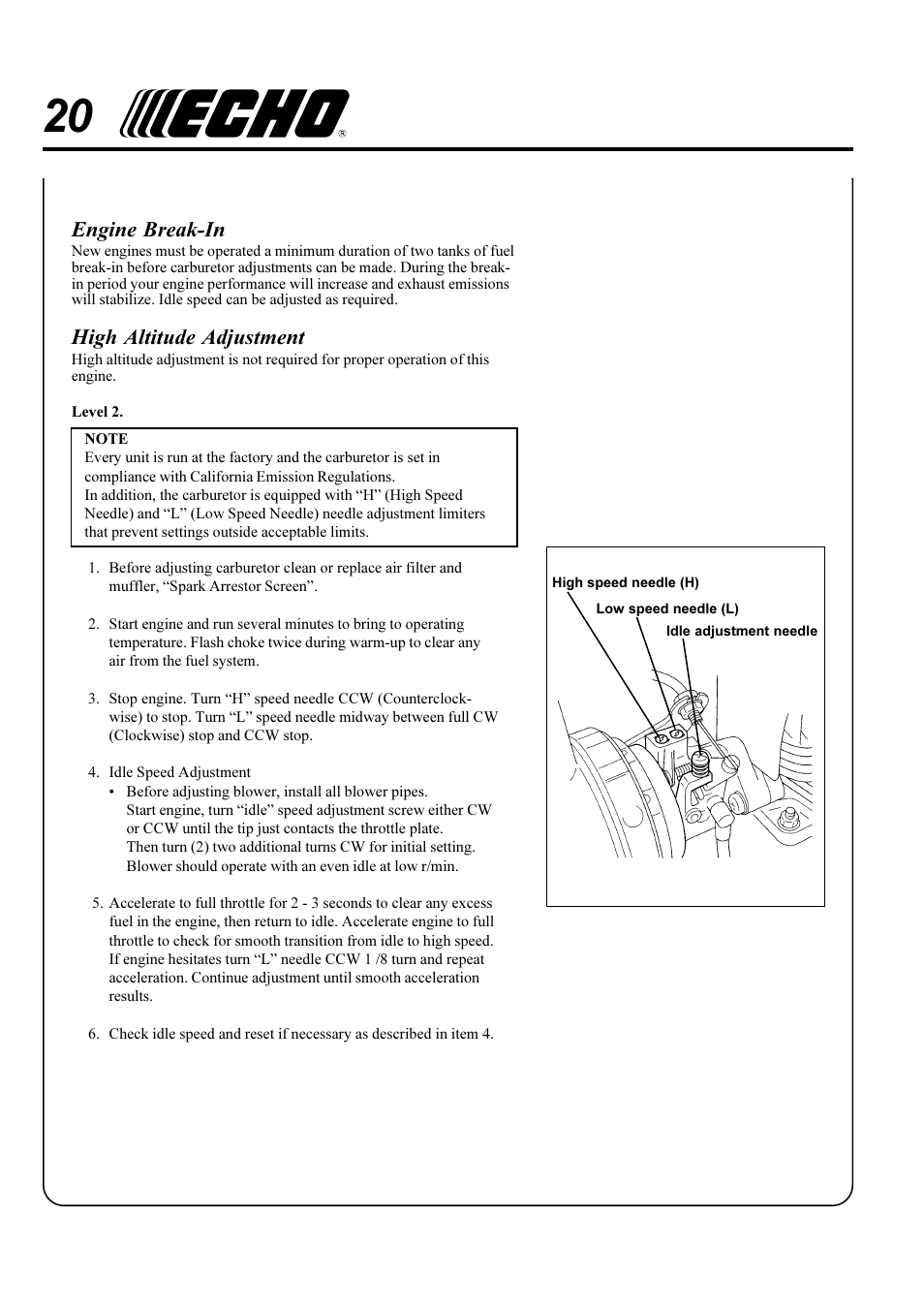 Engine break-in, High altitude adjustment | Echo X750-006 User Manual | Page 20 / 24