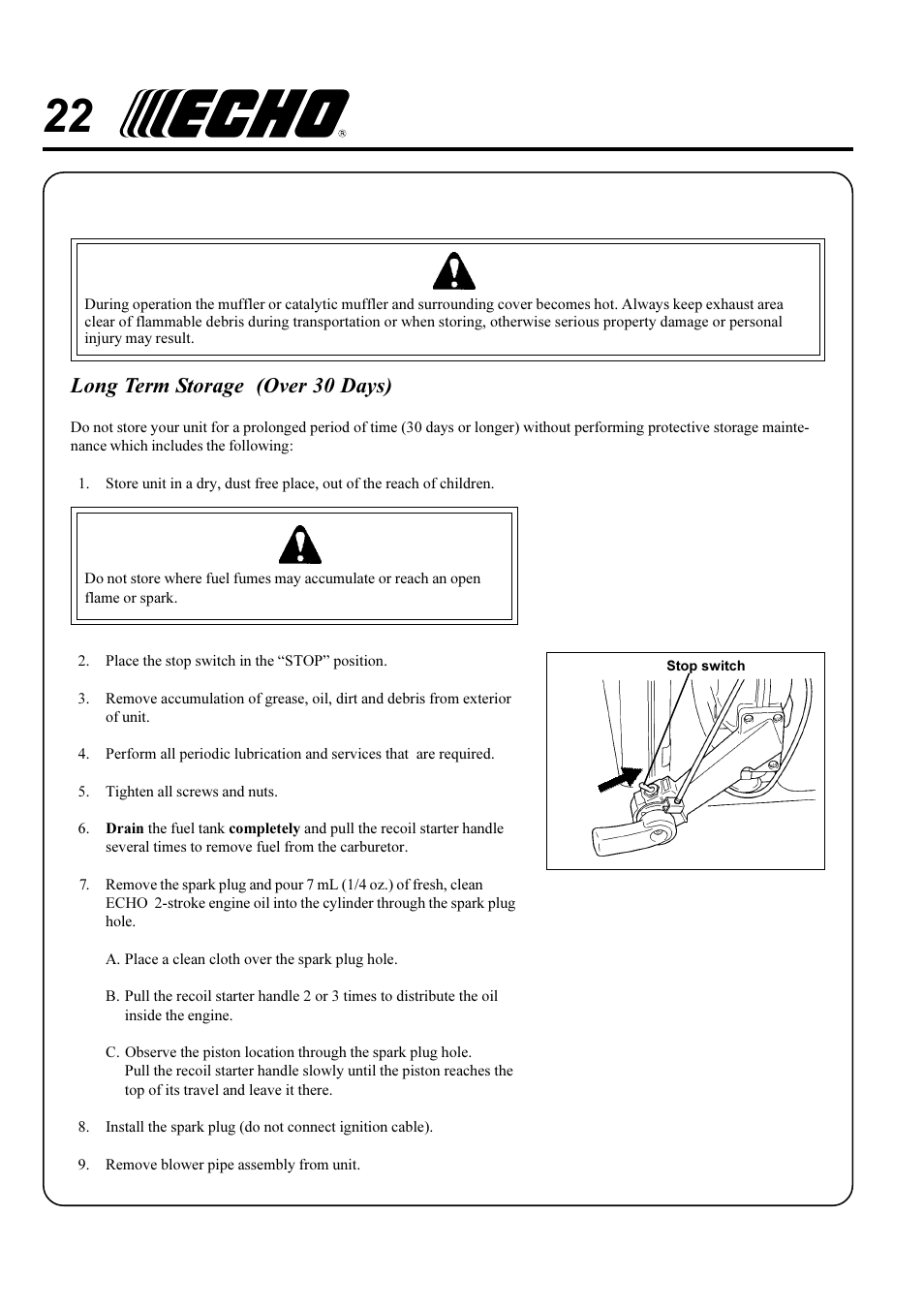 Warning danger, Long term storage (over 30 days) | Echo X750-006 User Manual | Page 22 / 24
