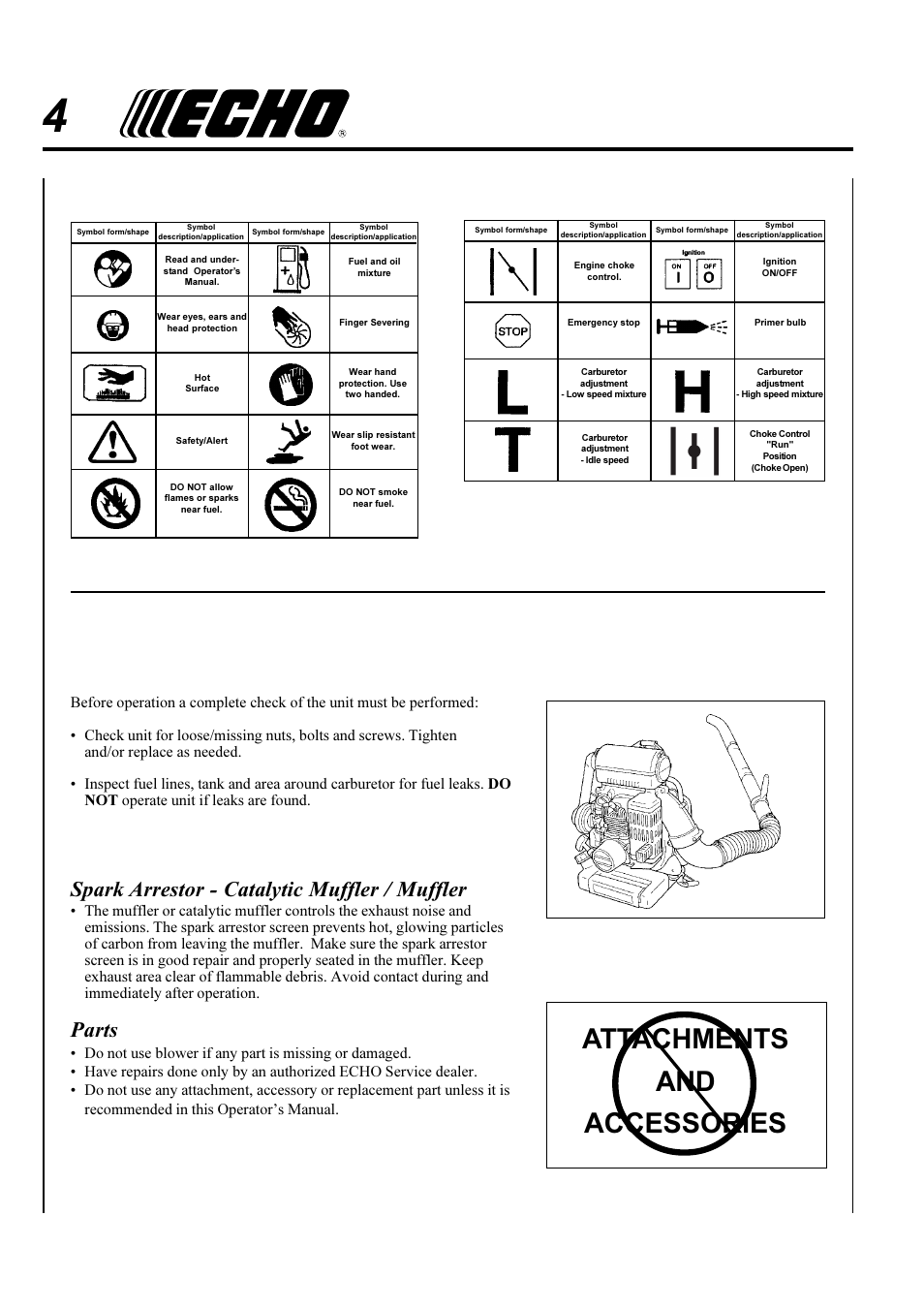 Attachments and accessories, Spark arrestor - catalytic muffler / muffler, Parts | International, Symbols equipment | Echo X750-006 User Manual | Page 4 / 24